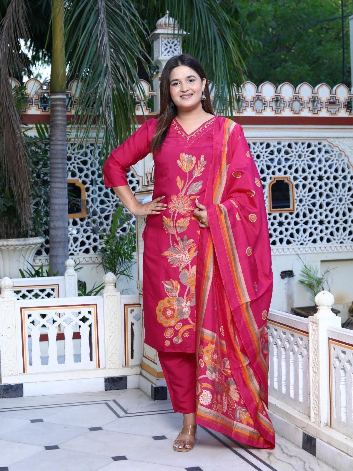 3 Piece Flower Print Straight Suit - shiwangi couture