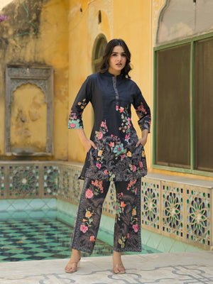 Black Cotton Co-ord Set with Colorful Flower Print - shiwangi couture