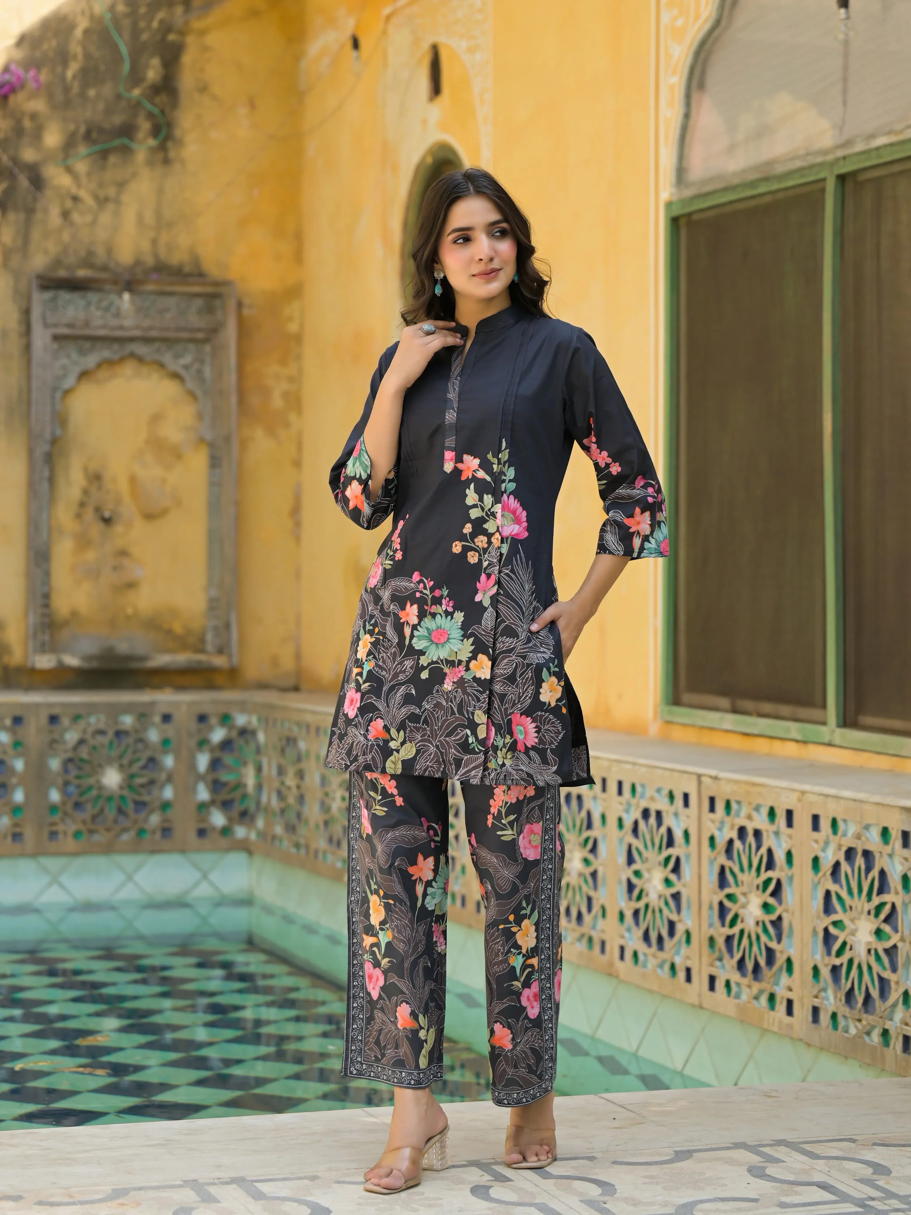 Black Cotton Co-ord Set with Colorful Flower Print - shiwangi couture
