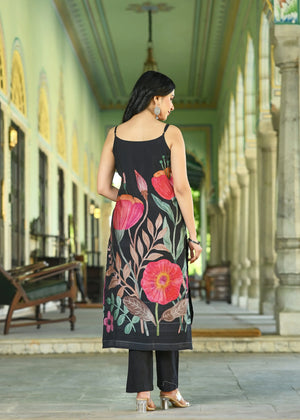 Black Floral Printed Strap Style Kurti Set with Dupatta - shiwangi couture