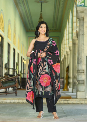 Black Floral Printed Strap Style Kurti Set with Dupatta - shiwangi couture