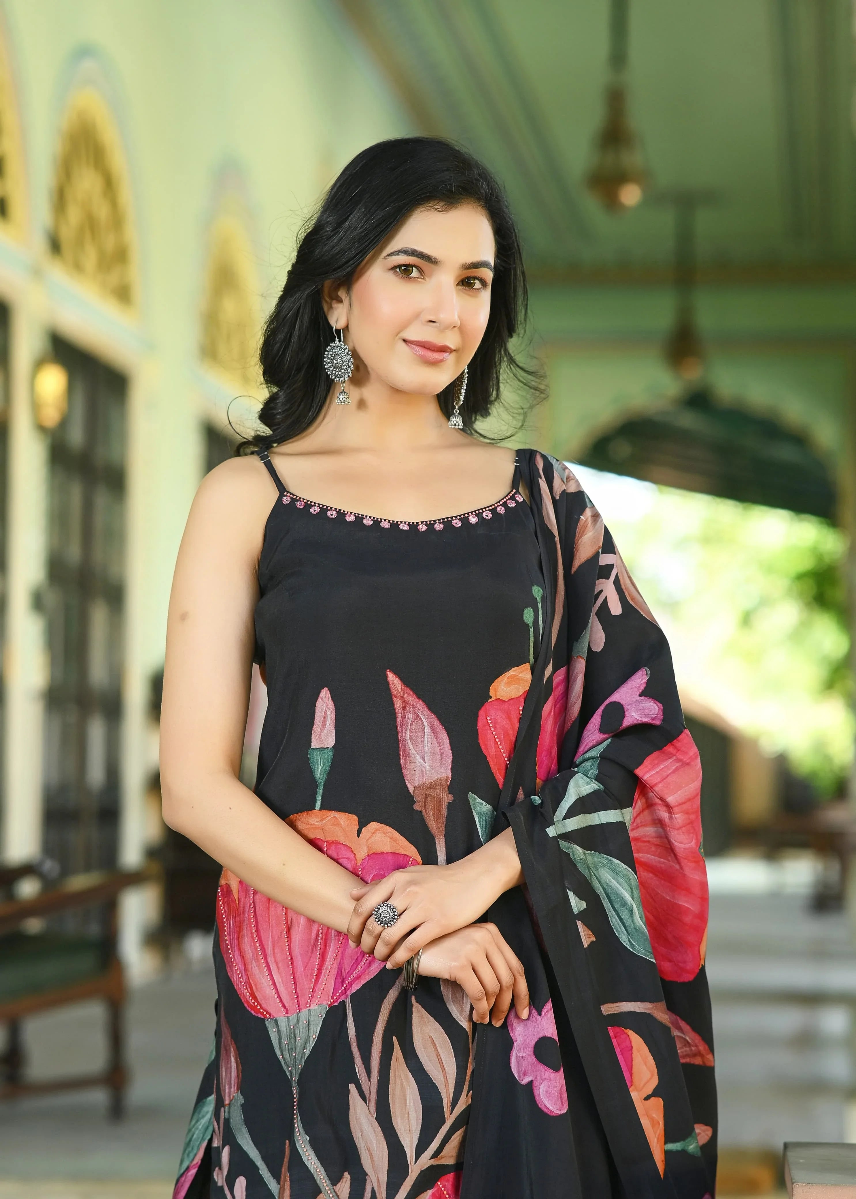 Black Floral Printed Strap Style Kurti Set with Dupatta - shiwangi couture