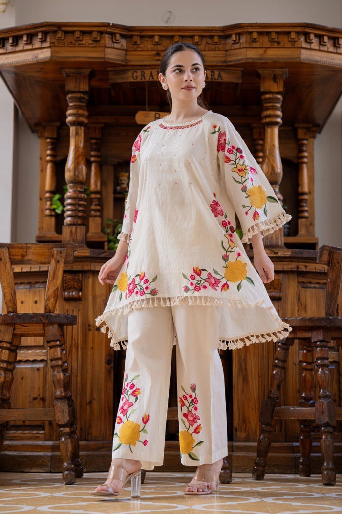 Cotton Coord Set with Hand Printed Floral Work - shiwangi couture