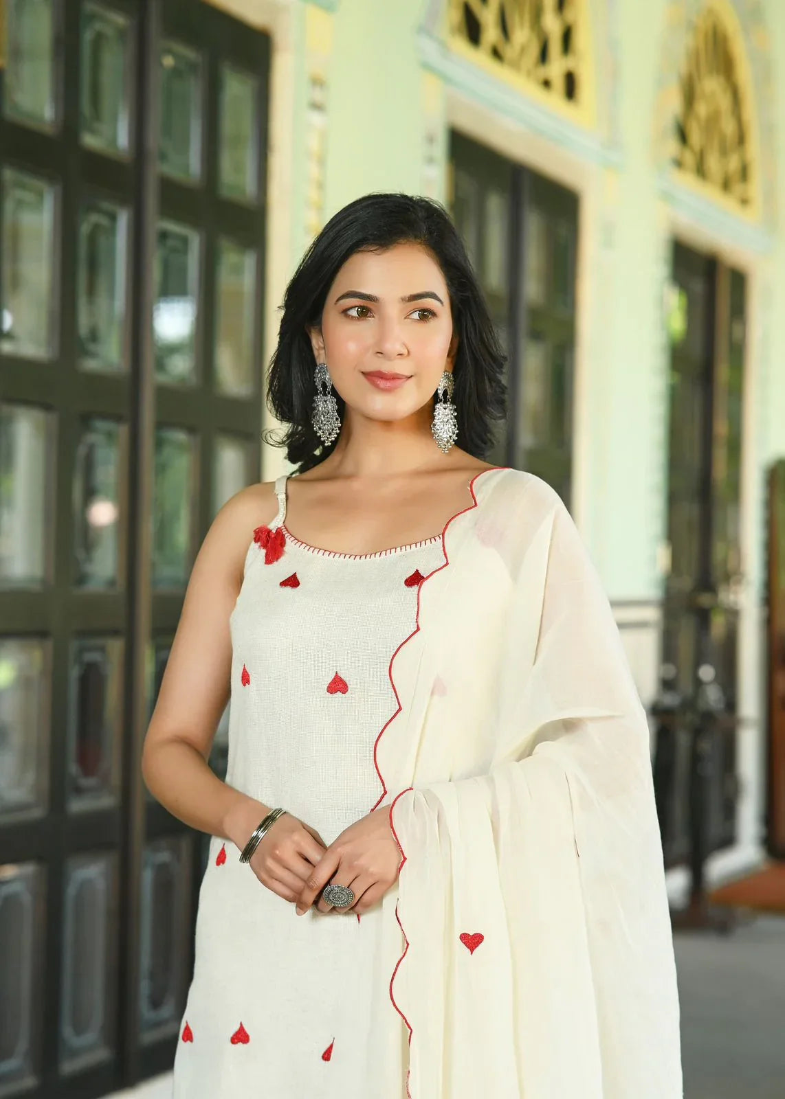 Cotton Flex Noodle Strap Suit with Heart Embroidery - shiwangi couture