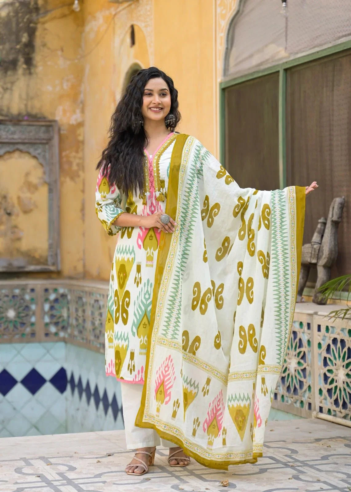 Cotton Ikkat Printed Suit Set with Lace Neck and Dupatta - shiwangi couture