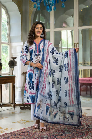Cotton Ikkat Printed Suit Set with Lace Neck and Dupatta - shiwangi couture