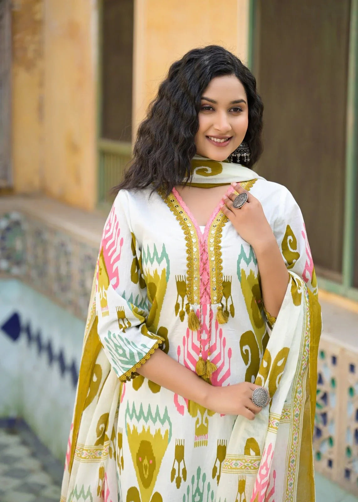 Cotton Ikkat Printed Suit Set with Lace Neck and Dupatta - shiwangi couture