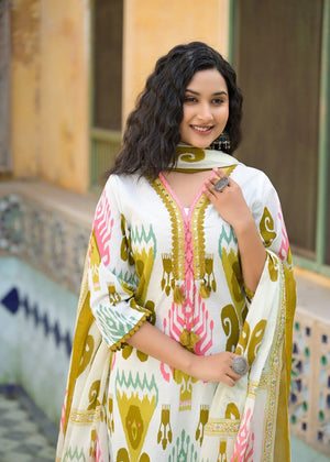 Cotton Ikkat Printed Suit Set with Lace Neck and Dupatta - shiwangi couture
