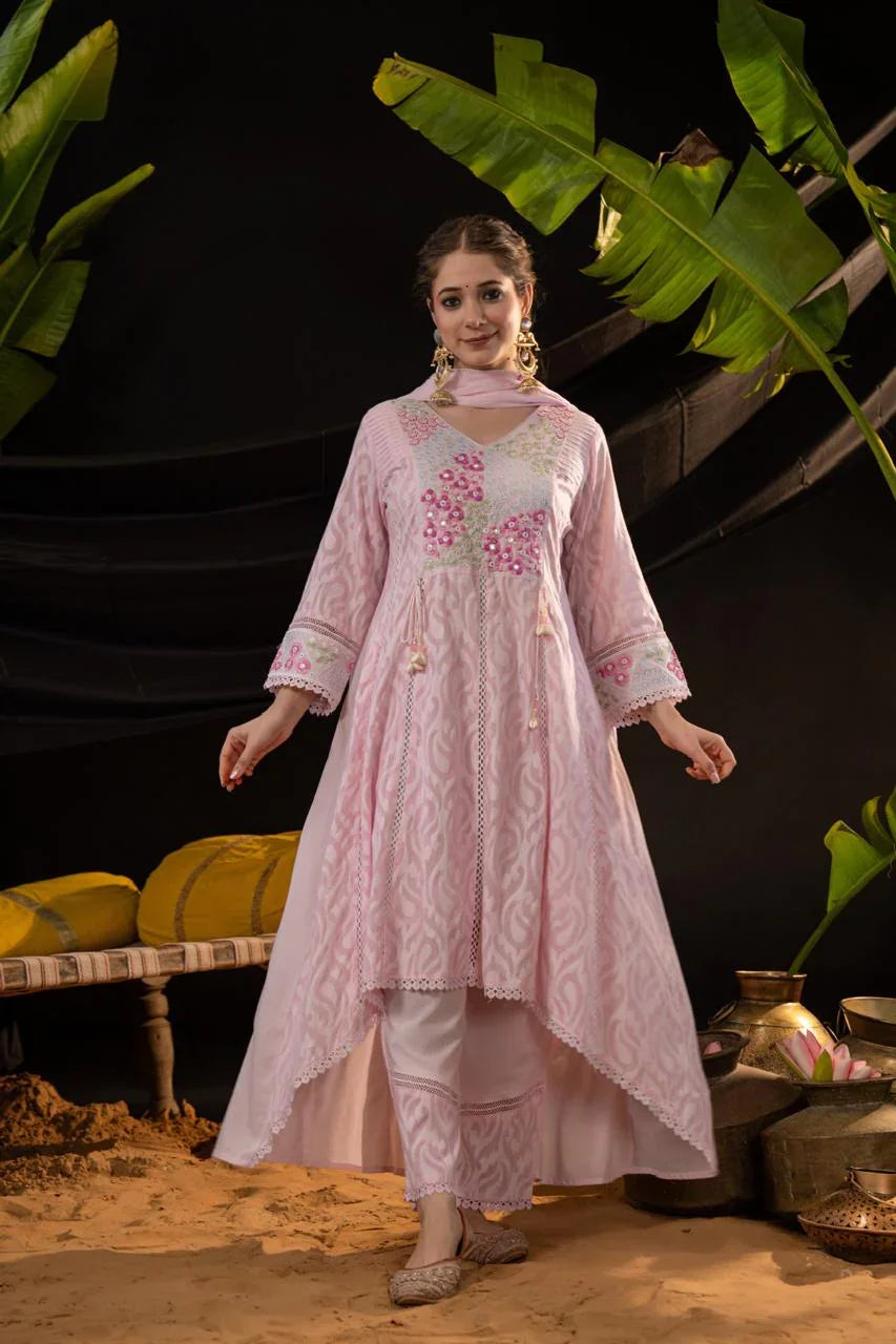 Cotton Jaquard C-Cut Suit with Handwork and Embroidered Dupatta - shiwangi couture