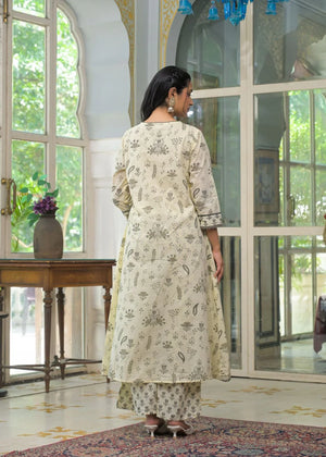 Cream Cotton Anarkali Set with Embroidered Yoke and Printed Dupatta - shiwangi couture