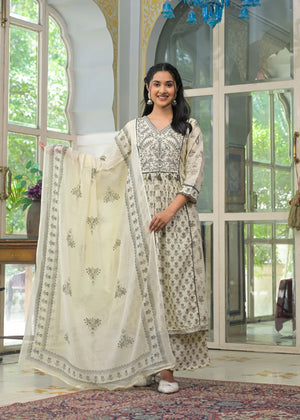 Cream Cotton Anarkali Set with Embroidered Yoke and Printed Dupatta - shiwangi couture