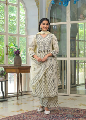 Cream Cotton Anarkali Set with Embroidered Yoke and Printed Dupatta - shiwangi couture