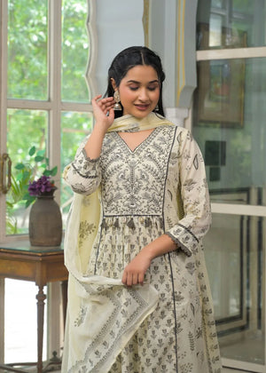 Cream Cotton Anarkali Set with Embroidered Yoke and Printed Dupatta - shiwangi couture