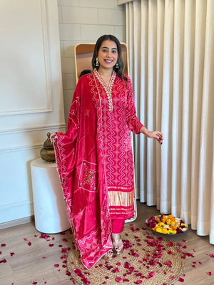 Crepe Bandhani Suit Set Jaipuriya Embroidery - shiwangi couture