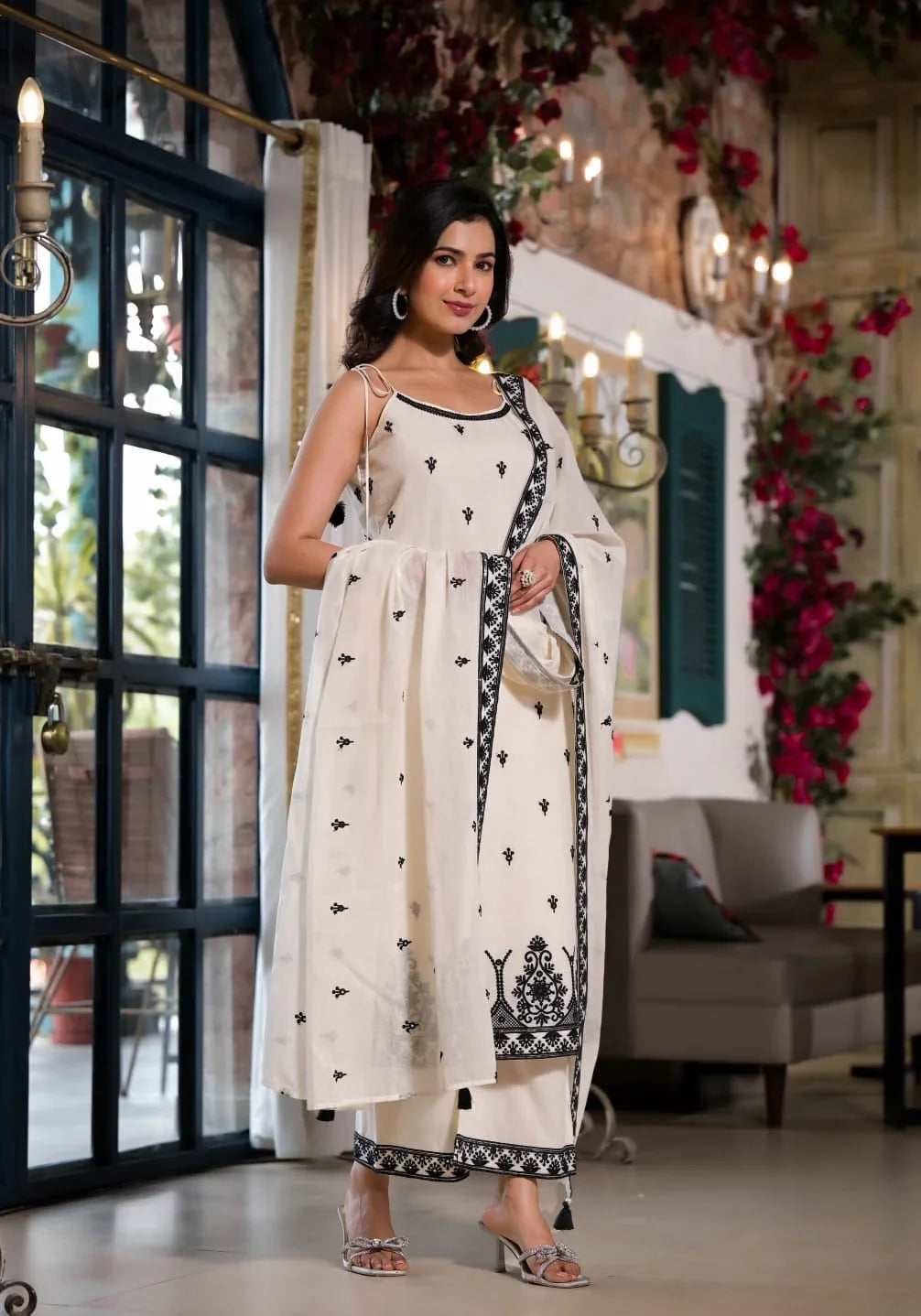 Embroidered Spaghetti-Strap Lucknowi Cotton Suit Set - shiwangi couture