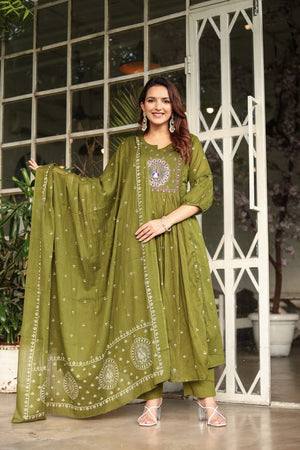Flared Green Kurti Set with Embroidery & Printed Dupatta - shiwangi couture