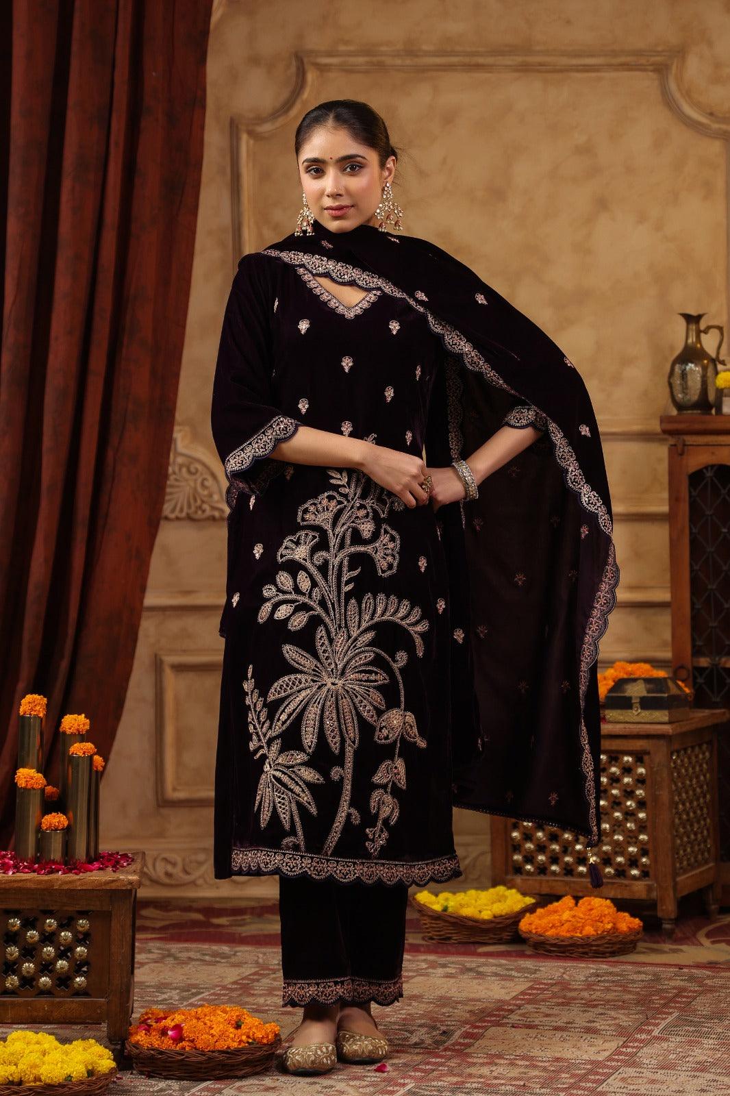 Karachi Hand work Velvet suit set - shiwangi couture