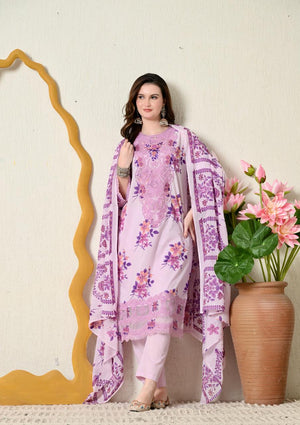 Lavender Printed Cotton Kurti Set with Embroidery & Dupatta - shiwangi couture