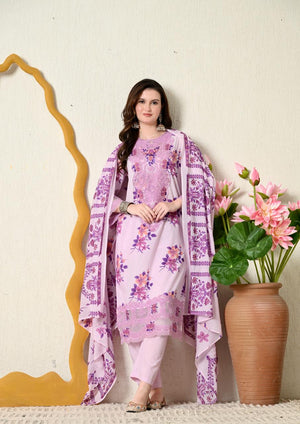 Lavender Printed Cotton Kurti Set with Embroidery & Dupatta - shiwangi couture
