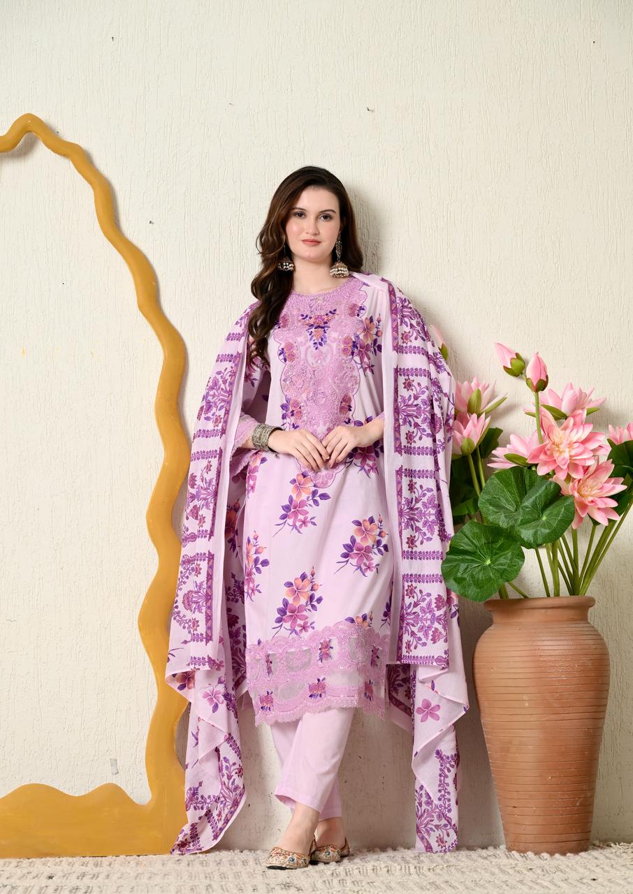 Lavender Printed Cotton Kurti Set with Embroidery & Dupatta - shiwangi couture