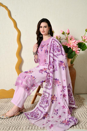 Lavender Printed Cotton Kurti Set with Embroidery & Dupatta - shiwangi couture