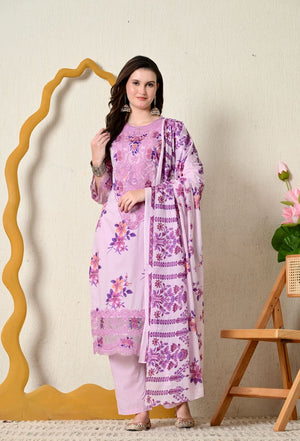Lavender Printed Cotton Kurti Set with Embroidery & Dupatta - shiwangi couture