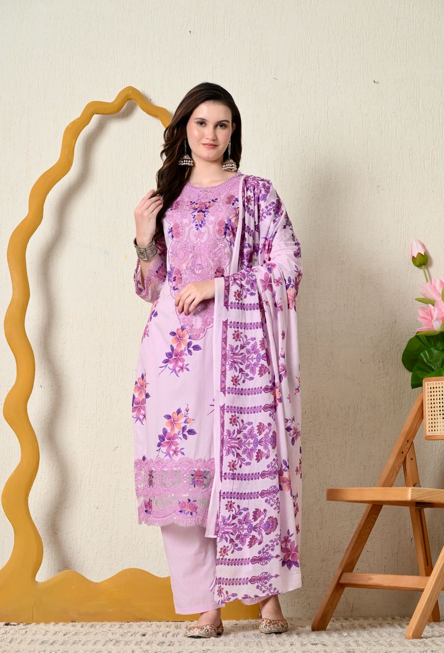 Lavender Printed Cotton Kurti Set with Embroidery & Dupatta - shiwangi couture