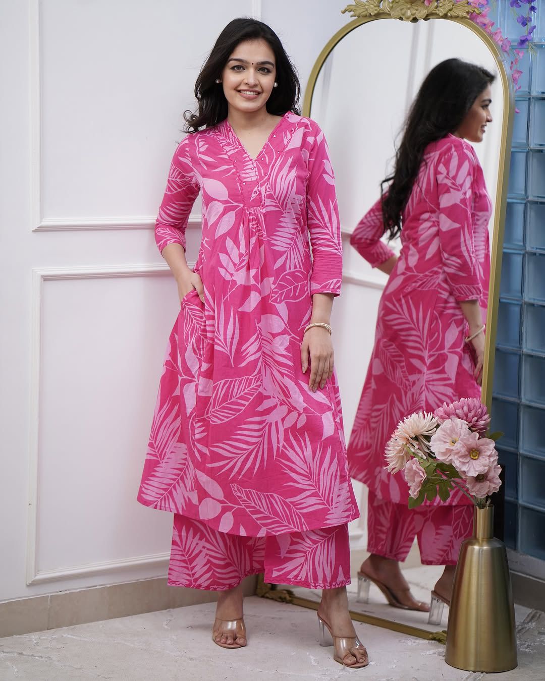 Leaf Printed Straight Cotton Kurta Pant Suit Set - shiwangi couture