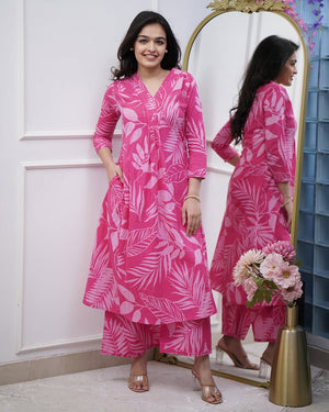 Leaf Printed Straight Cotton Kurta Pant Suit Set - shiwangi couture