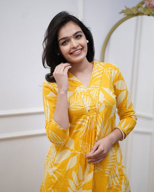 Leaf Printed Straight Cotton Kurta Pant Suit Set - shiwangi couture