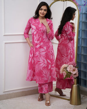 Leaf Printed Straight Cotton Kurta Pant Suit Set - shiwangi couture