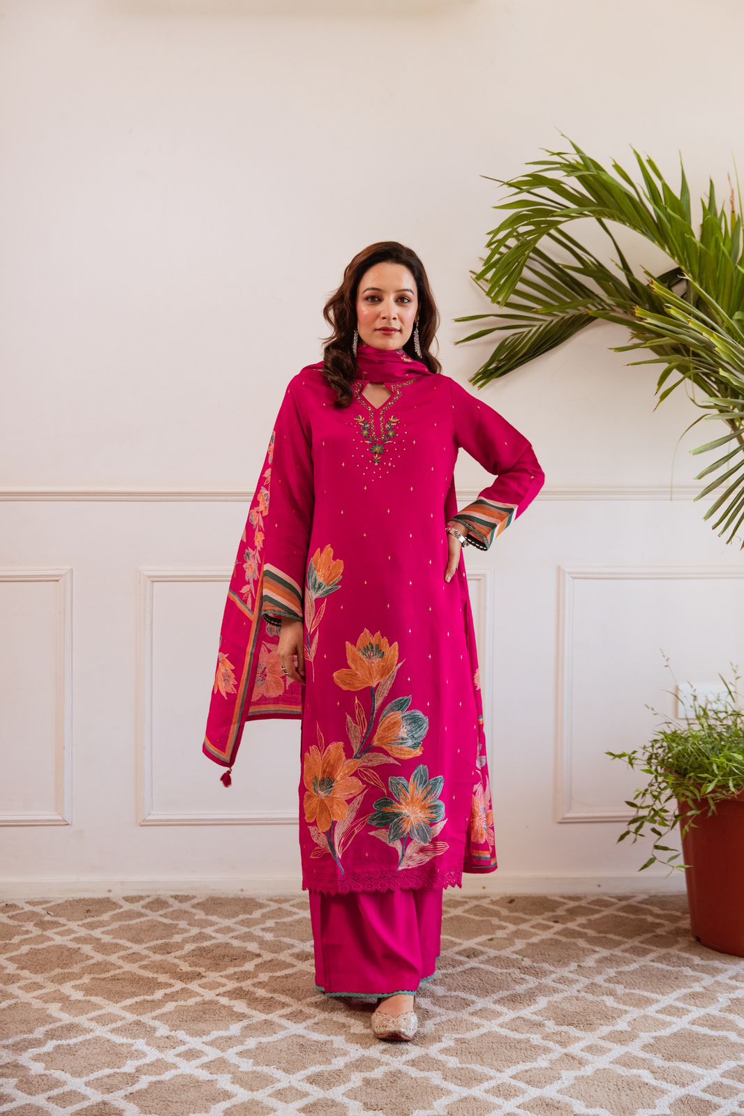 Magenta Modale Silk Suit Set with Printed Dupatta & Handwork Neckline - shiwangi couture