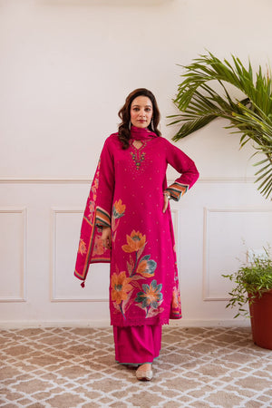 Magenta Modale Silk Suit Set with Printed Dupatta & Handwork Neckline - shiwangi couture