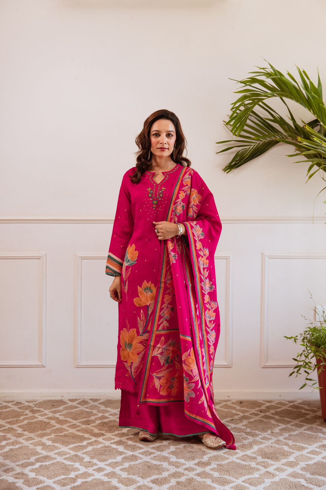 Magenta Modale Silk Suit Set with Printed Dupatta & Handwork Neckline - shiwangi couture