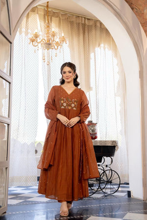 Mul Chanderi A-Line Suit with Hand Work & Booti Dupatta - shiwangi couture