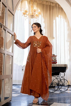 Mul Chanderi A-Line Suit with Hand Work & Booti Dupatta - shiwangi couture