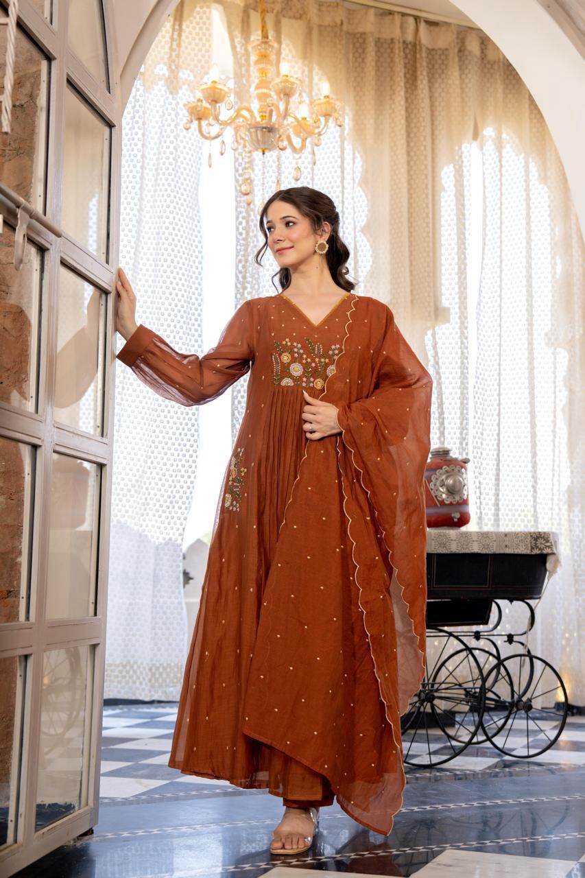 Mul Chanderi A-Line Suit with Hand Work & Booti Dupatta - shiwangi couture