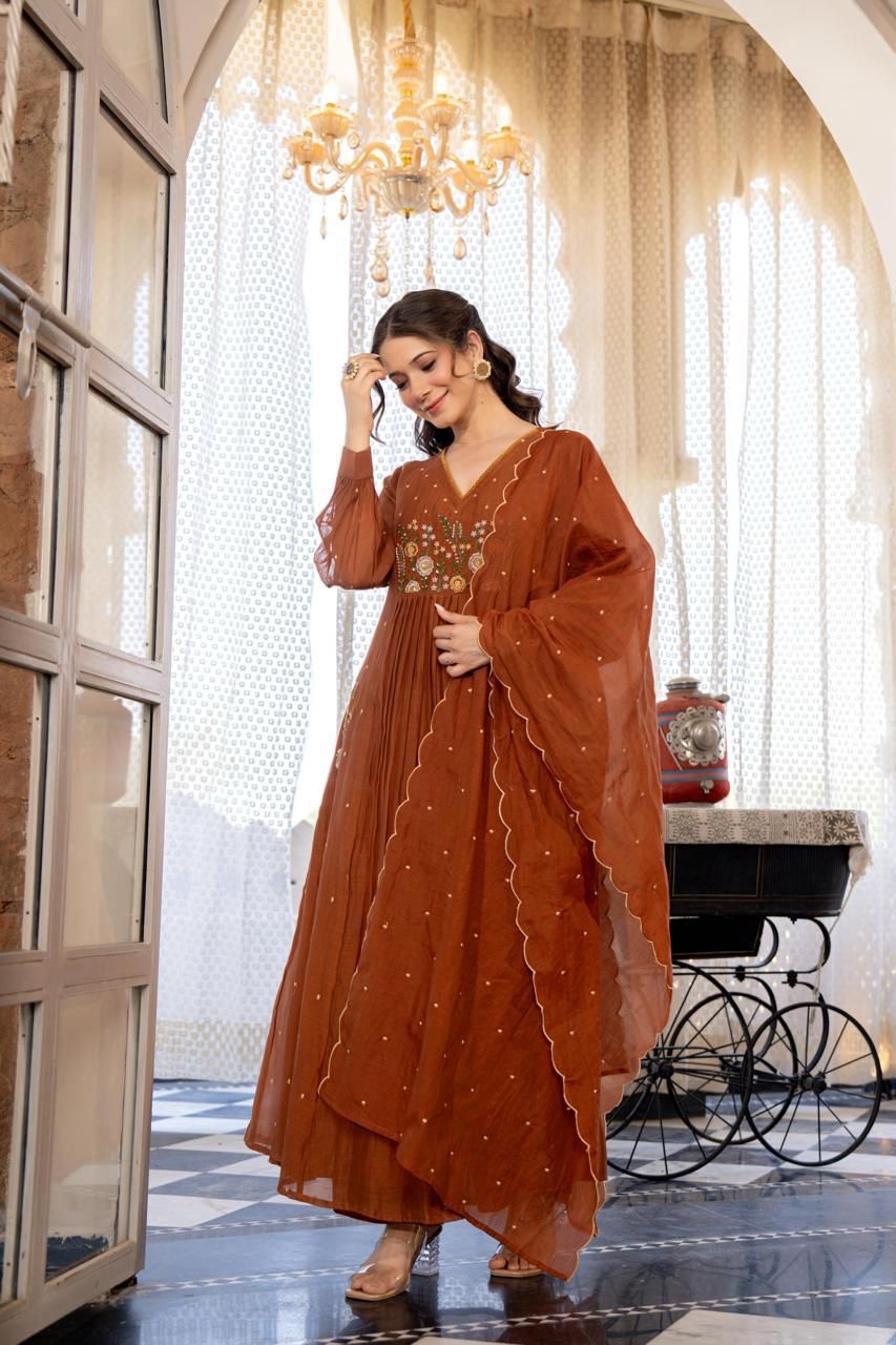 Mul Chanderi A-Line Suit with Hand Work & Booti Dupatta - shiwangi couture