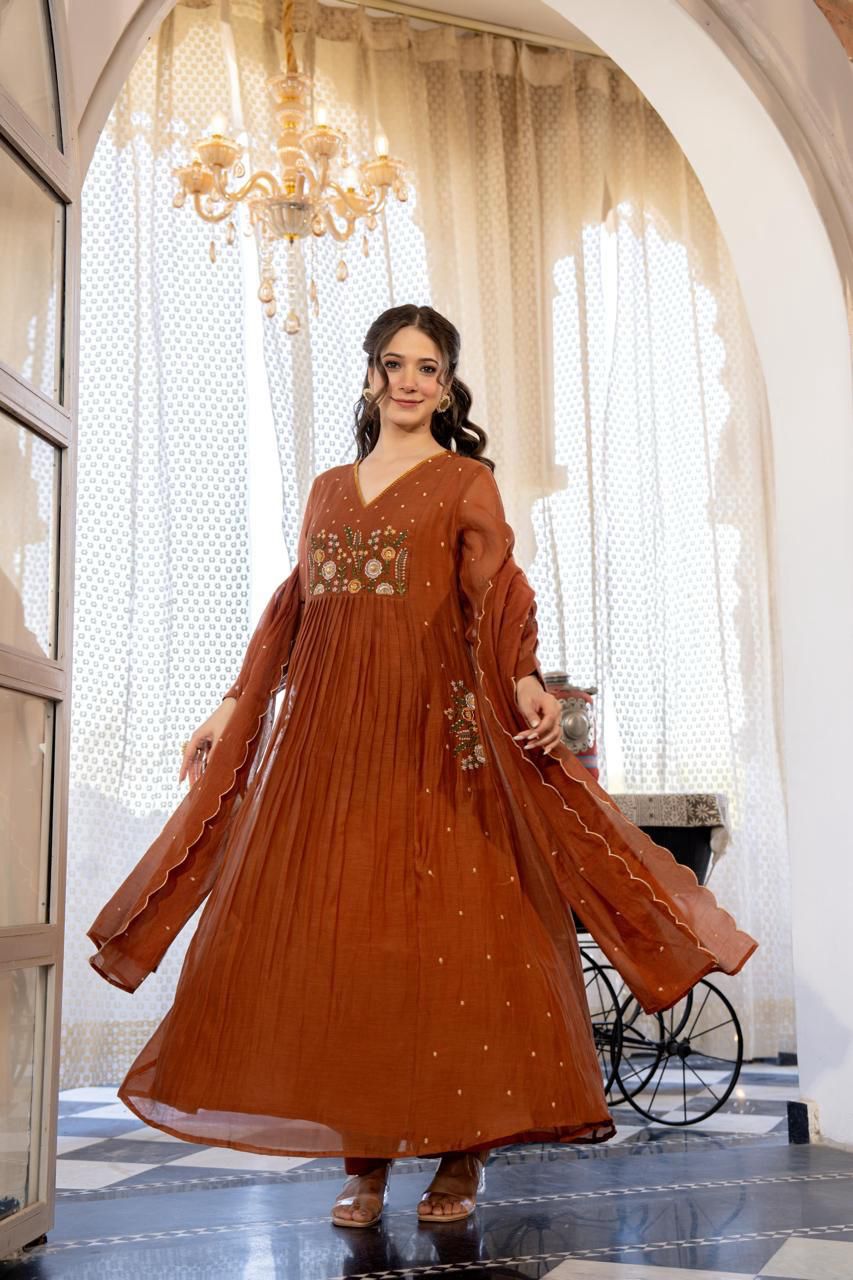 Mul Chanderi A-Line Suit with Hand Work & Booti Dupatta - shiwangi couture