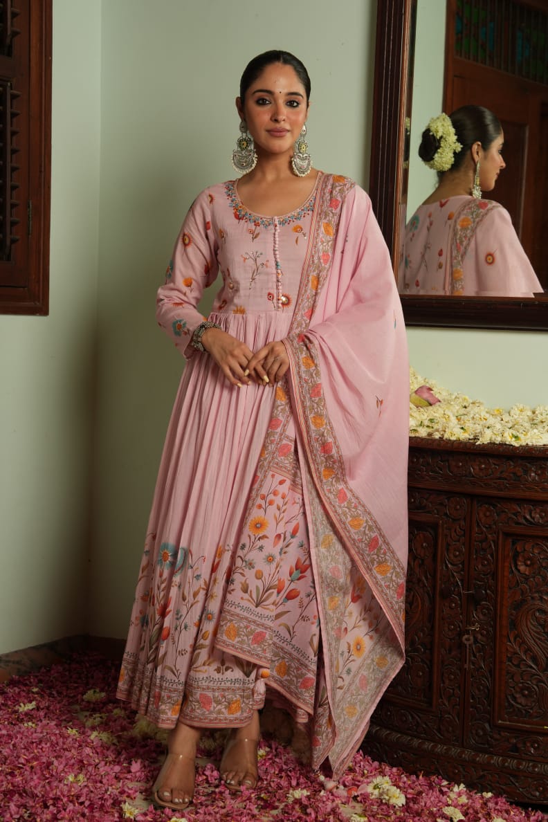 Mul Chanderi Anarkali Suit with Digital Print & Cut Dana Work - shiwangi couture