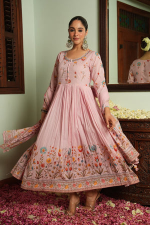 Mul Chanderi Anarkali Suit with Digital Print & Cut Dana Work - shiwangi couture