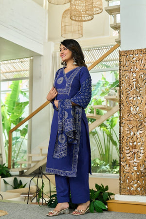 Navy Blue Bandhani Cotton Angrakha Suit Set - shiwangi couture