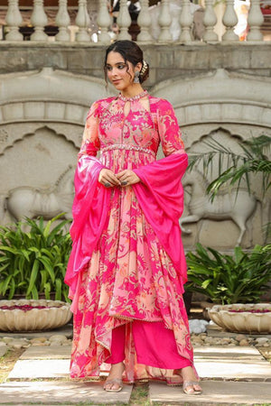 Neckline Work Floral Print Suit Set - shiwangi couture