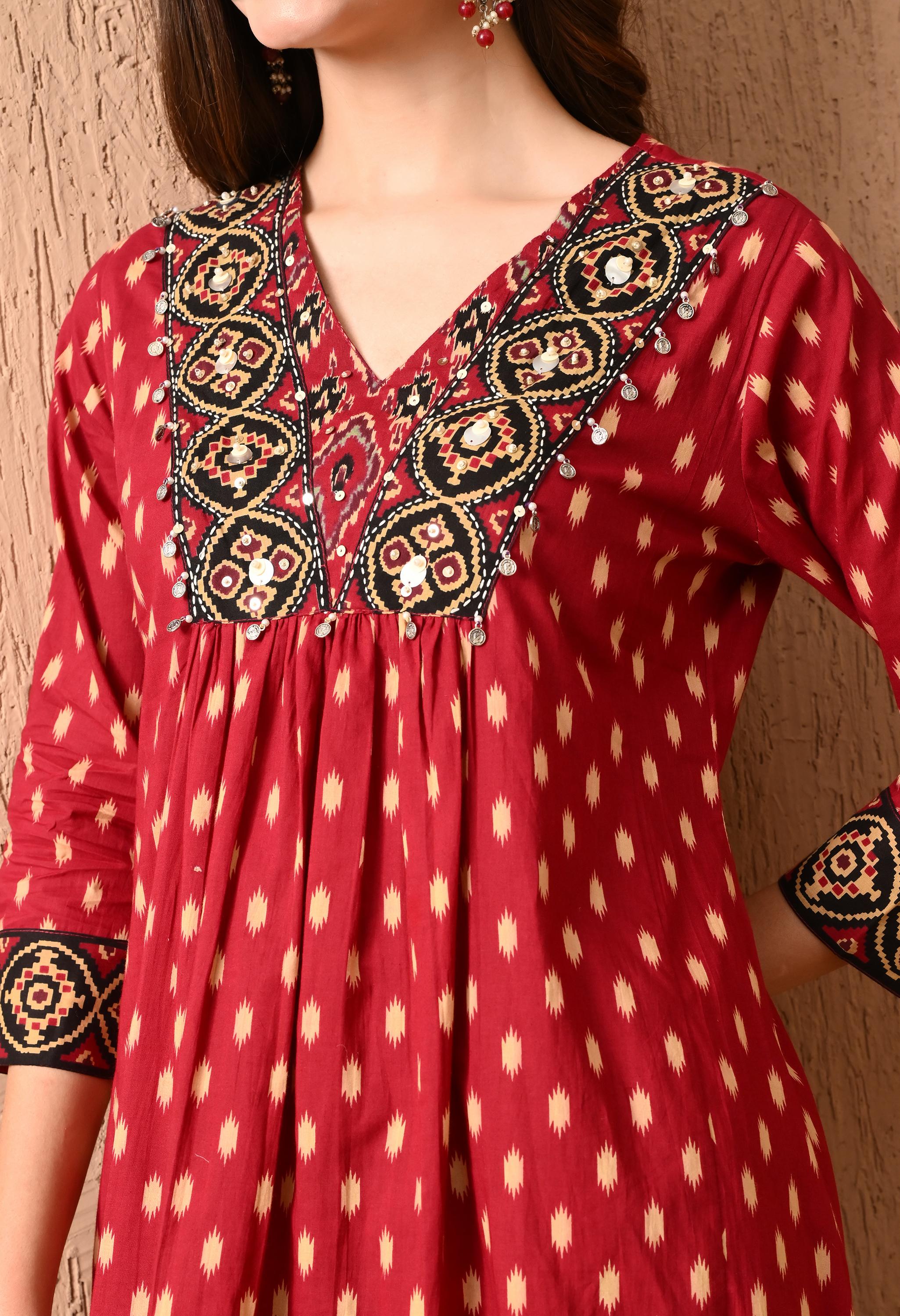 Premium Cotton Ikkat Patola Anarkali Suit with Ajrak Dupatta & Yoke Handwork - shiwangi couture