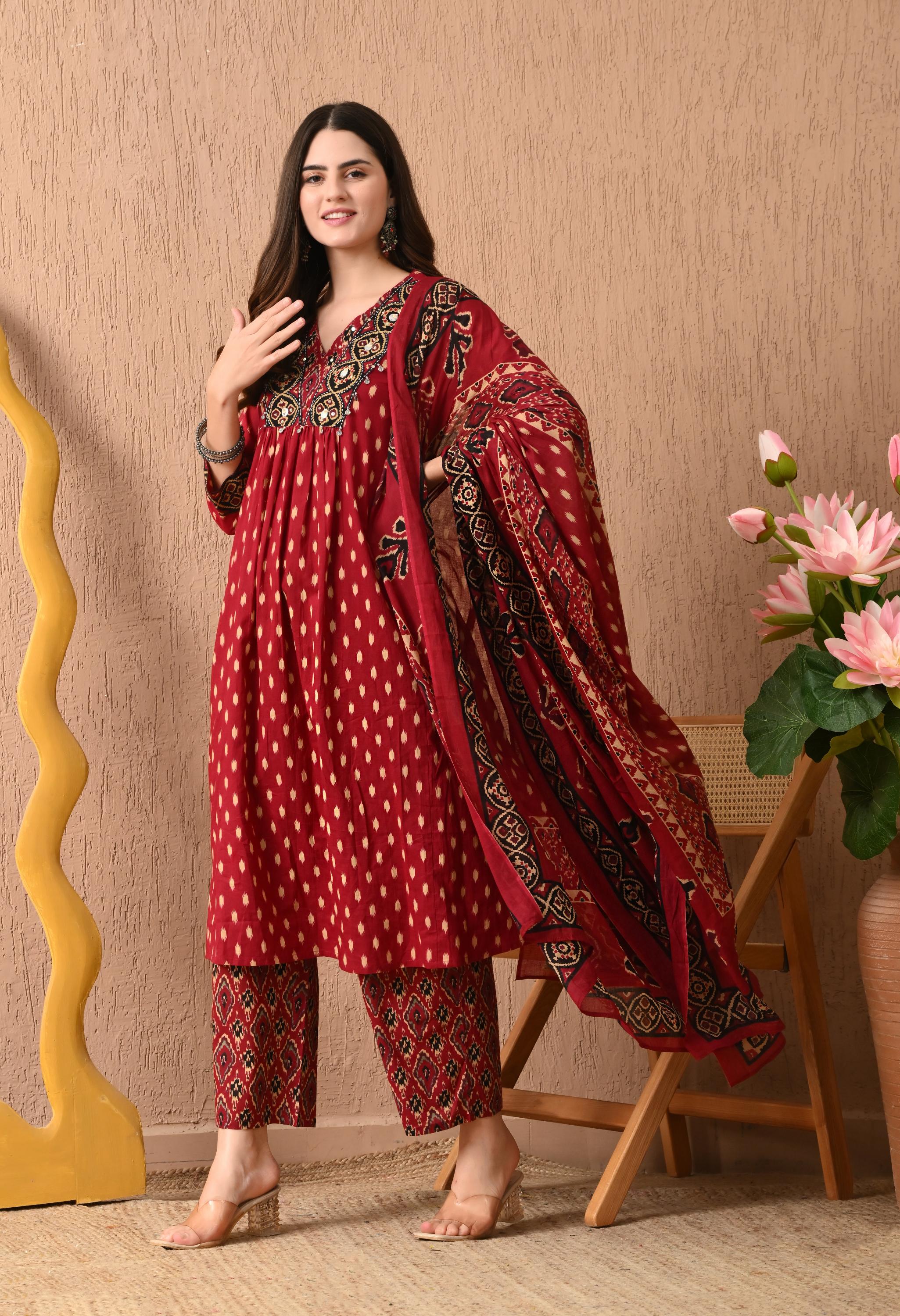 Premium Cotton Ikkat Patola Anarkali Suit with Ajrak Dupatta & Yoke Handwork - shiwangi couture