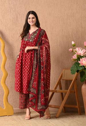 Premium Cotton Ikkat Patola Anarkali Suit with Ajrak Dupatta & Yoke Handwork - shiwangi couture