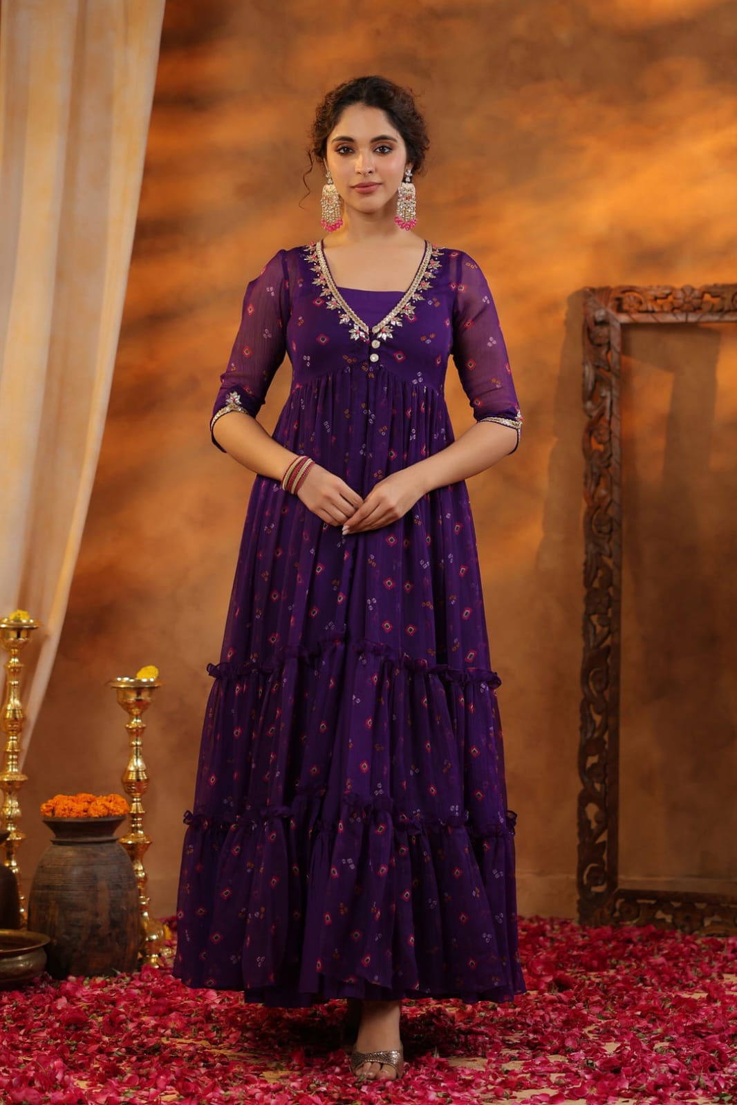 Pure Chiffon Bandhani Gown Suit Set - shiwangi couture