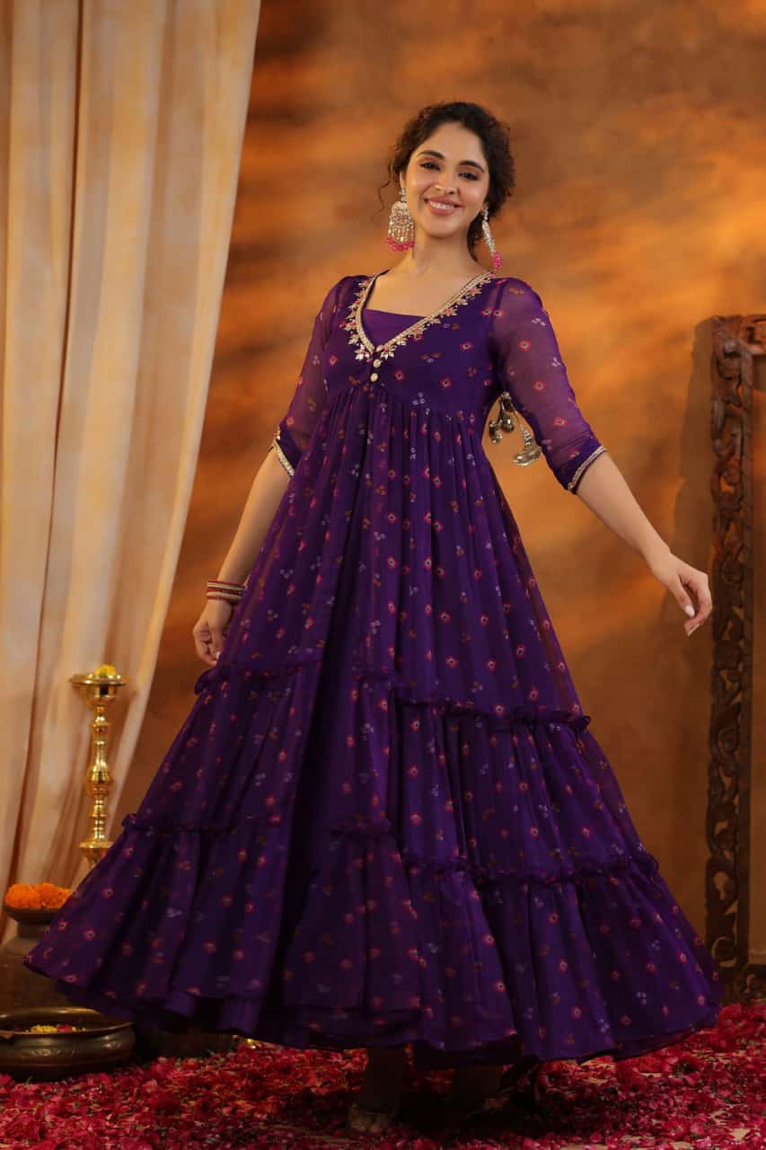 Pure Chiffon Bandhani Gown Suit Set - shiwangi couture