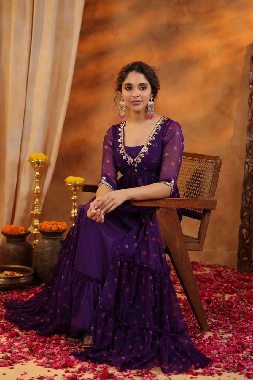 Pure Chiffon Bandhani Gown Suit Set - shiwangi couture