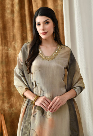 Tissue Shimmer Suit Set with Dupatta β Mirror Work Neckline - shiwangi couture